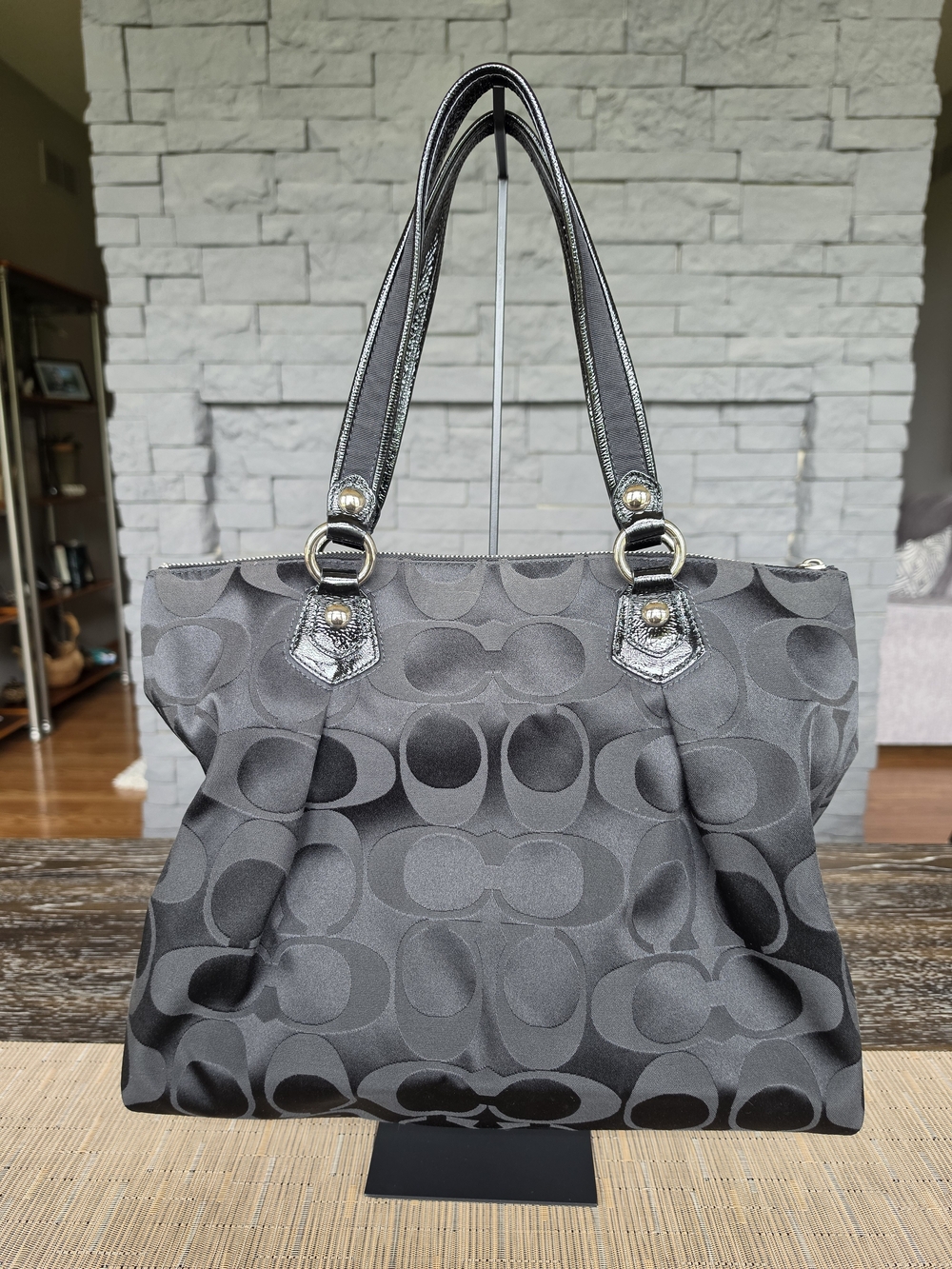 Coach Poppy Black Signature Jacquard Tote Bag with Leather Trim - Picture 3 of 5